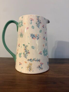 Floral Porcelain Pitcher in Cream with Green Handle